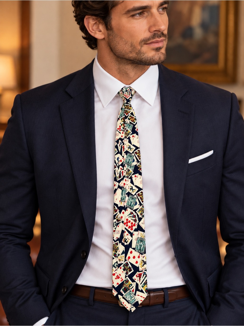Tabasco Playing Cards Print Tie - Navy, Cream, Red